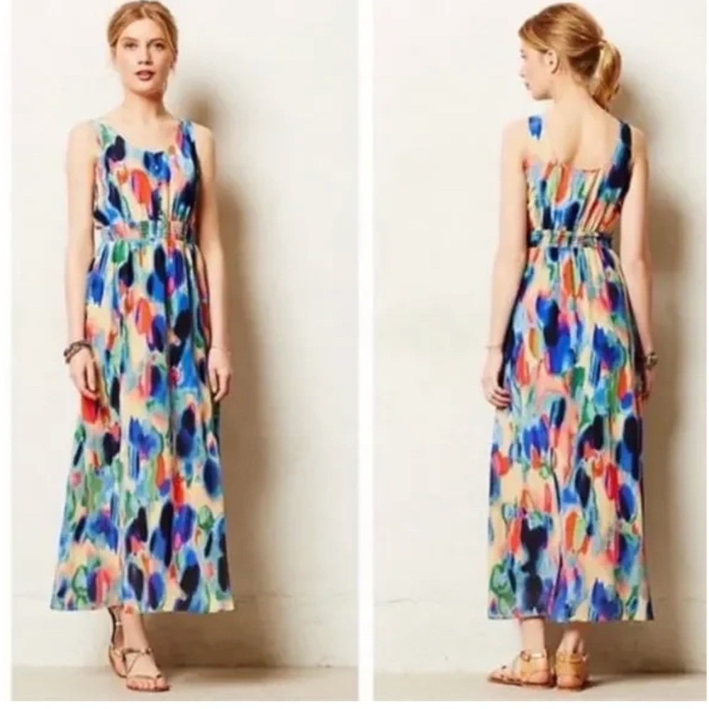 Anthropologie Maeve Aloisia Dress Silk Watercolor Maxi Length Front Slits Sz 8
